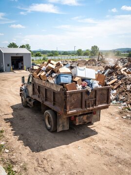 A dump truck filled with household junk and debris sits parked at a landfill site, with an excavator and piles of waste visible in the background.