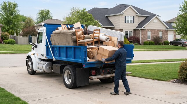 A worker carries a cardboard box to load onto a blue junk removal truck already filled with furniture and boxes outside a residential home.