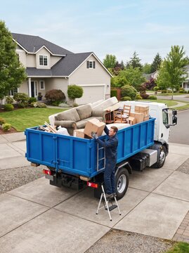 A worker carries a cardboard box to load onto a blue junk removal truck already filled with furniture and boxes outside a residential home.