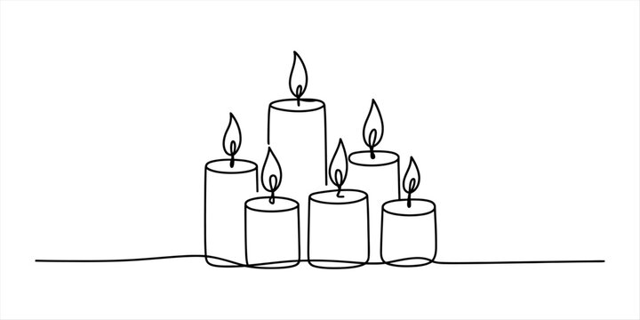 Group of burning candles drawn in a continuous single line art style