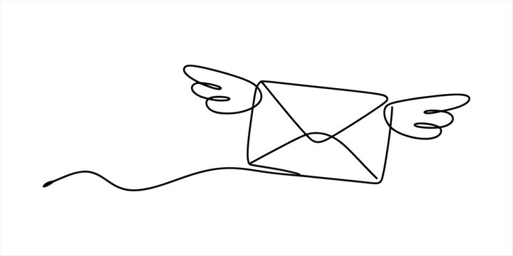 Continuous single line drawing of an envelope with wings flying in the air for message delivery concept