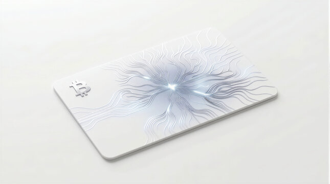 White futuristic credit card with embossed bitcoin logo and neural glowing circuit lines isolated on background, cryptocurrency and AI fintech concept