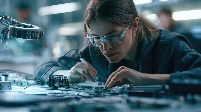 Precision Engineering: A focused female engineer meticulously works on intricate electronic components under bright workshop lights, showcasing dedication and expertise.
