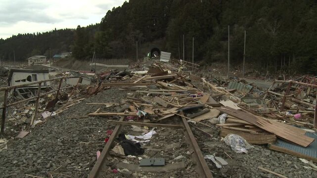 Debris On Railway Tracks In Aftermath Of Tsunami In Japan