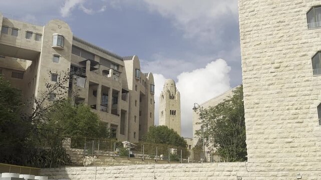 Jerusalem, Israel, 26 September 2026. View through city buildings toward the Jerusalem International YMCA Bell Tower, a historic landmark on King David Street.