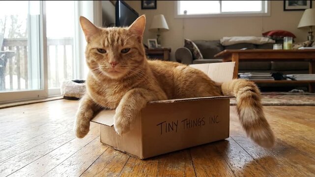 Cute Orange Tabby Cat Sitting Comfortably Inside Small Cardboard Box on Living Room Floor.
