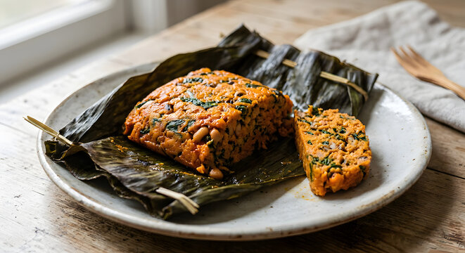 Cameroonian koki bean cake revealed inside an opened steamed banana leaf parcel, vivi