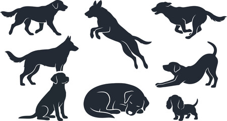 Fototapeta premium Dog silhouettes in various poses on a white background vector illustration