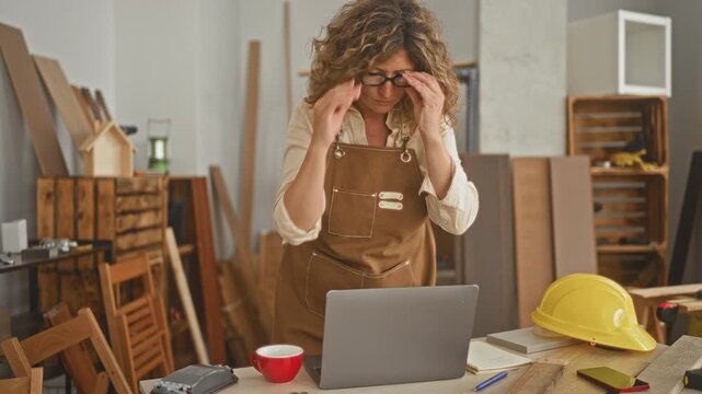 Woman carpenter in apron touches forehead while holding coffee mug beside laptop on workshop table building; fatigue focus.