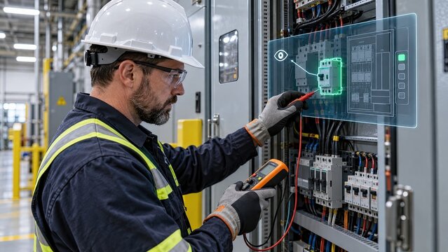 Skilled electrician using AI-assisted augmented reality to inspect industrial electrical equipment in a modern control panel.