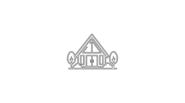 Minimalist A-frame cabin outline with trees, simple line art