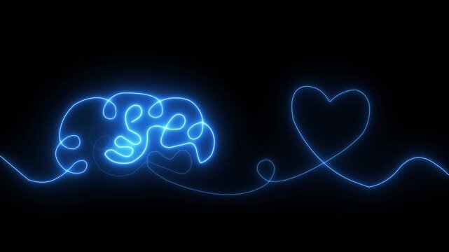 Vibrant Neon One-Line Illustration of a Glowing Brain Connected to a Heart, Representing Emotional Intelligence, Mind&ndash;Emotion Balance, Psychology, Wellness, and Mental Connection 4k video animation
