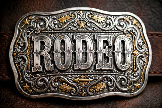 Massive metal belt buckle with "RODEO" text, brutal cowboy style, decorated with stars, floral ornaments and western elements, detailed close-up.