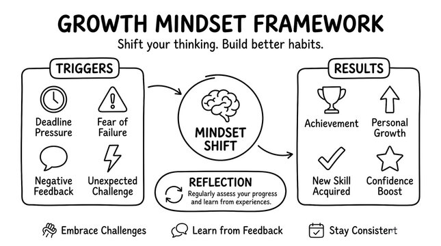 Growth mindset framework diagram with hand drawn icons on white