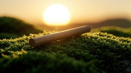 Obraz premium Wooden stick lies on green moss during golden hour. Natural forest floor shows organic texture under warm sunset light. Calm woodland scene with soft sunlight, earthy tones. Peaceful macro view of