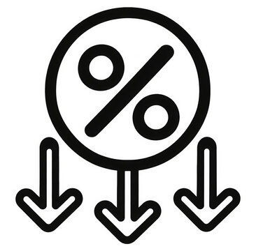 Black percentage discount icon with three downward arrows, representing price reduction, sale, savings and special offers for ecommerce, retail advertising, marketing and promotional design.