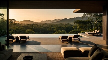 Fototapeta premium Modern luxury villa balcony features infinity pool overlooking green forest, mountains at sunset. Elegant terrace sun loungers, cozy living room furniture. Peaceful outdoor space offers scenic view