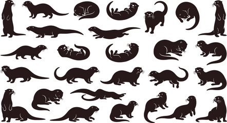 Obraz premium Various otter silhouettes in playful poses during daytime with white background vector illustration