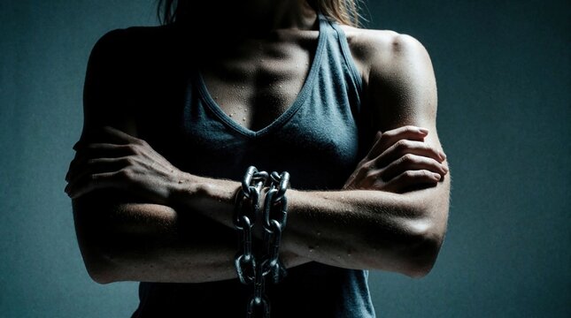Strong woman stands with arms crossed. Heavy metal chains bind wrists tightly. Moody dark lighting emphasizes muscular body, grit. Concept of struggle, prisoner, breaking free from oppression, mental