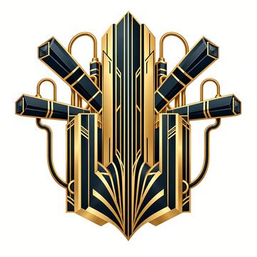 Black and Gold Art Deco Emblem with Pipes and Vertical Forms
