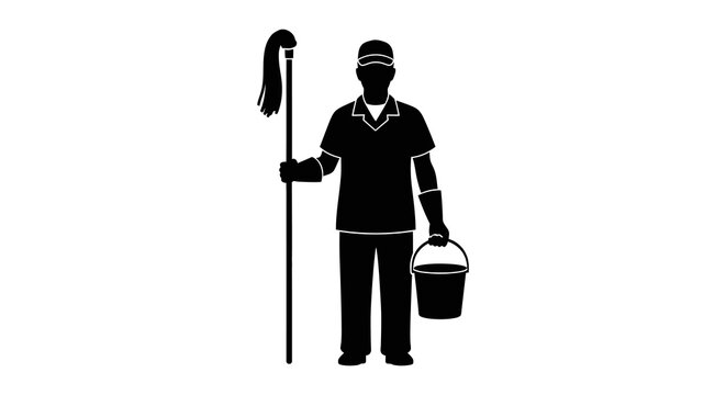 Janitor silhouette stands holding a mop and carrying a bucket on white