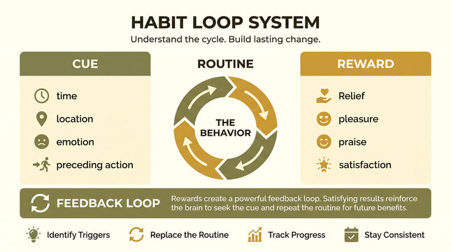 Habit loop system infographic showing cue routine and reward cycle