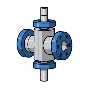 Blue and Gray Flanged Four Way Valve Illustration