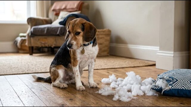 Guilty Beagle Dog Sitting Next to Torn Cushion with Stuffing on Floor.