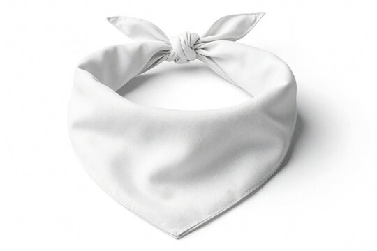 Plain white cotton bandana mockup on white background. Folded textile neck scarf for pet dog human fashion accessory. Blank triangular fabric cravat for branding design, custom print textile product
