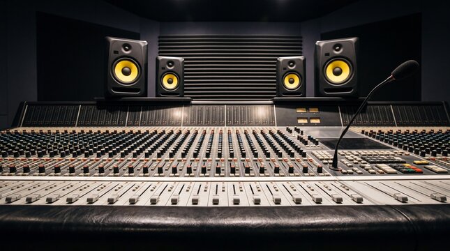 Audio mixing console with fader knobs and studio monitor speaker pair in recording room, representing music production, sound engineering and acoustic mastering technology.