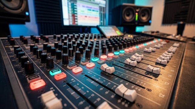 Audio mixing console with illuminated buttons and faders in sound studio, representing music production, broadcast recording and modern acoustic engineering.