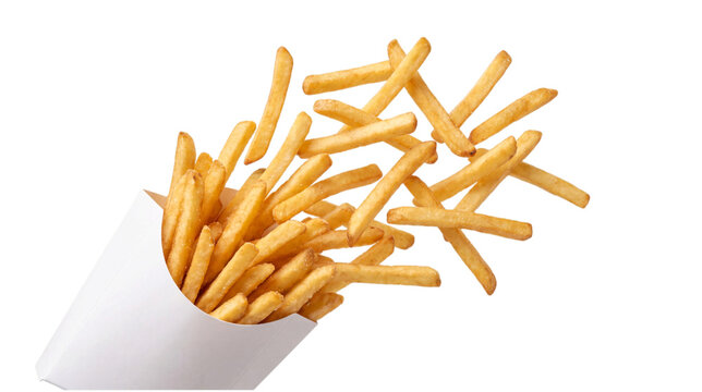 A portion of golden crispy french fries spilling out of a white paper container isolated on transparent background