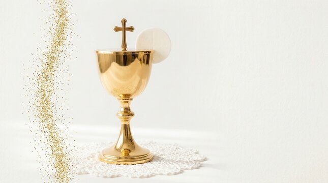 Religious holy sacrament symbol featuring a gold chalice and glittering particles.
