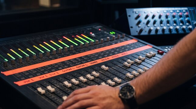 Sound engineer performing audio mixing on soundboard in recording studio. Hand adjusting fader level and equalizer control on analog console desk indoors.