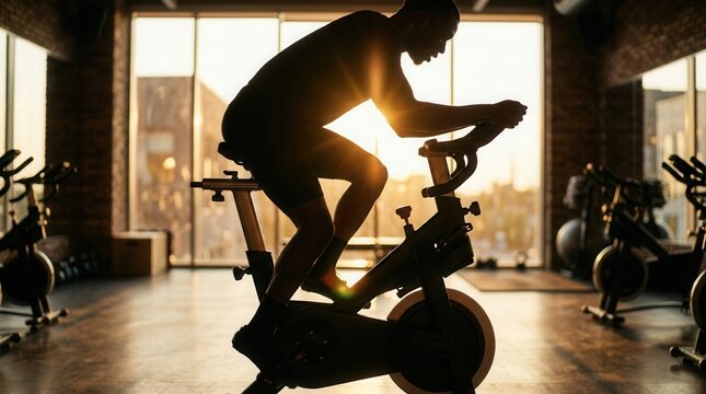 High energy indoor cycling training with a silhouette of an athlete on a stationary bike.