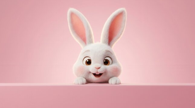 Fluffy white rabbit cartoon character peeking over a pink surface for festive holiday designs.