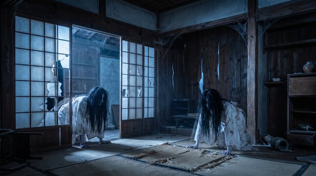 Ghostly figures in traditional Japanese room with eerie atmosphere