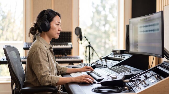 Sound engineer operating console during audio mixing in modern music studio. Young asian music producer editing digital sound track on computer workstation.
