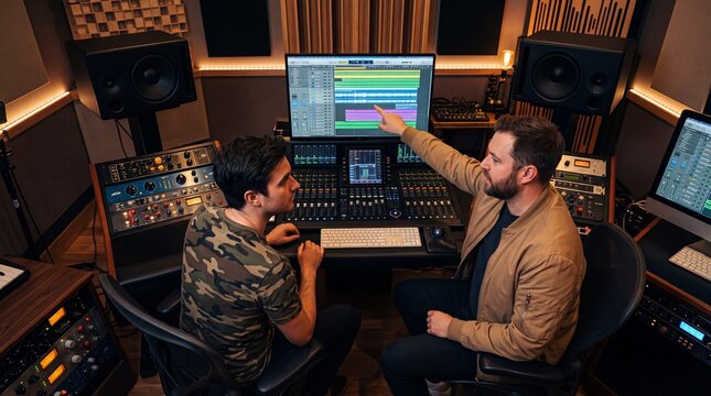 Sound engineer pointing at computer screen in modern recording studio. Two caucasian music producers collaborating on track mastering and audio mixing console workflow.