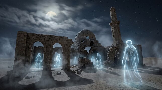 Mysterious ghostly figures in ancient desert ruins under moonlight