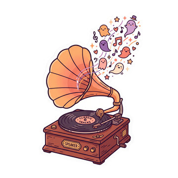 Vintage gramophone record player playing music with cute ghost notes floating out vector sticker isolated on transparent background