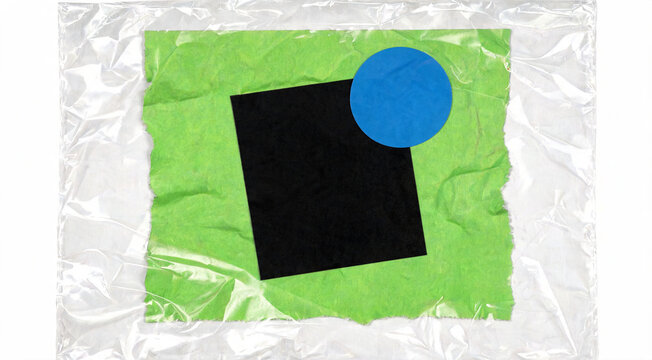 Modern abstract collage art background featuring crumpled green paper, black square, and blue circle covered with transparent wrinkled plastic wrap.