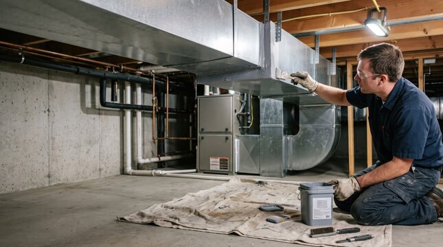 HVAC technician applying mastic sealant to air duct joints in residential basement