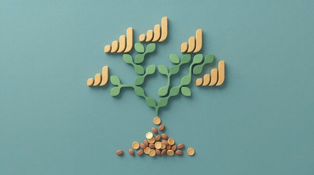 Financial growth tree concept with bar charts and coins