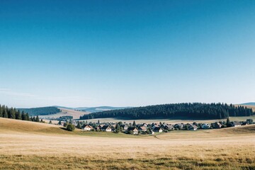 Obraz premium Wide view of small village in green valley under clear blue sky. Rolling hills with pine forest surround rural houses. Calm landscape with grass fields, distant mountains creates peaceful countryside