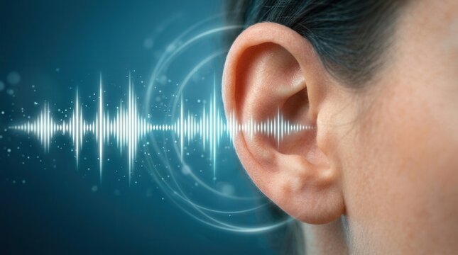 Conceptual visualization of sound perception and hearing through an ear with audio waveforms.