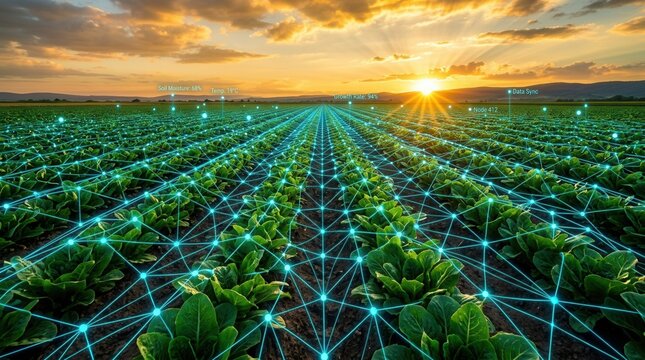 Advanced tech in agriculture featuring a digital network overlay on rows of green crops.