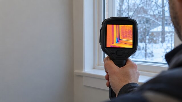 Technician using thermal imaging camera to inspect window heat loss and draft in winter
