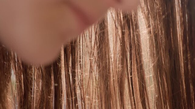 Woman gently brushes through her long brown hair with pink comb in soft daylight. close up view highlights texture and shine of healthy strands as woman combs from roots to ends revealing