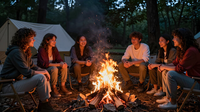 Friends Sitting Around Campfire at Night in Forest